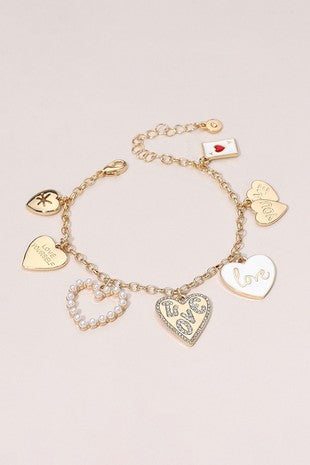 Enamel LOVE Heart Pearl Heart Charm Bracelet