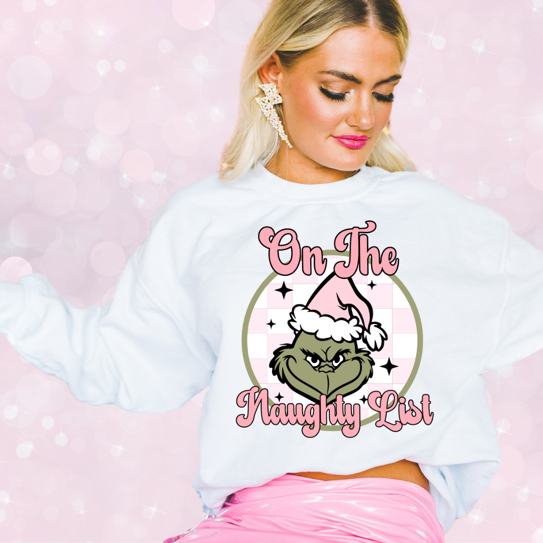 White On The Naughty List Grinch Crewneck Graphic Sweatshirt