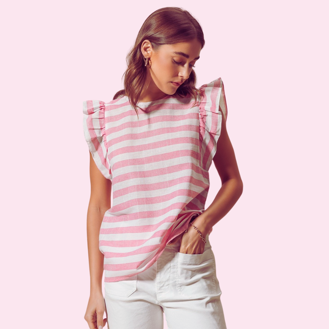 Stylish striped flutter ruffle blouse top, featuring feminine ruffle details, perfect for upgrading any wardrobe with a versatile, on-trend piece. Made from high-quality materials, offering comfort and style for any occasion.