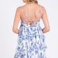 Crinkle Blue and White Floral Print Tiered Mini Dress
