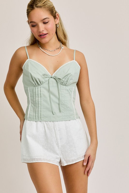 Lace-Trimmed Sage Colored V-Neck Cami Top