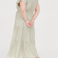 Plus Size Light Olive Collared Short Cuff Sleeve Tiered Midi Dress