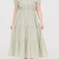 Plus Size Light Olive Collared Short Cuff Sleeve Tiered Midi Dress