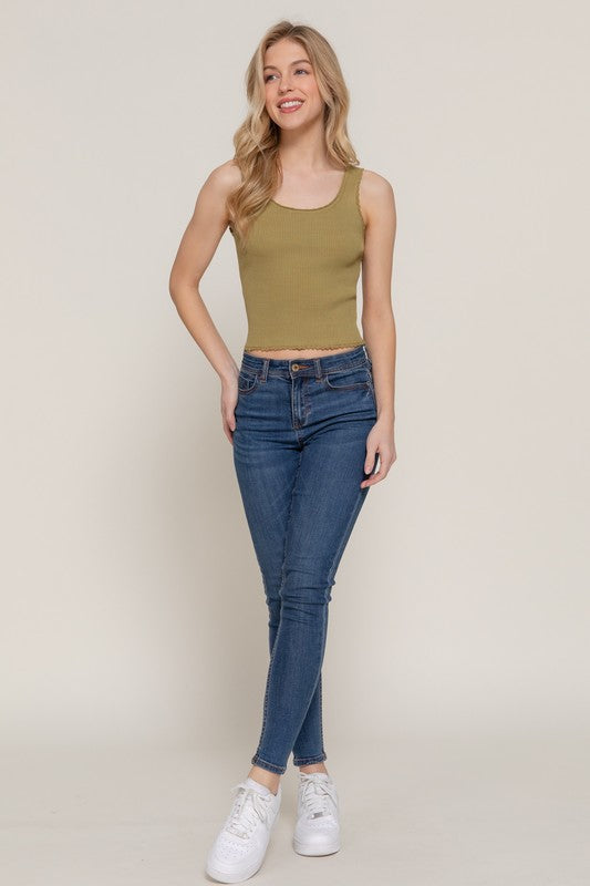 Sage Green Sleeveless Scallop Edge Detail Spring Knit Top