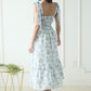 Blue and White Floral Tie Strap Ruched Detail Maxi Dress