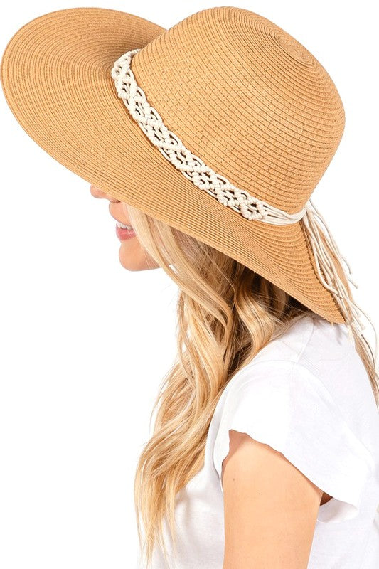 Tan Braided Cotton Floppy Straw Hat