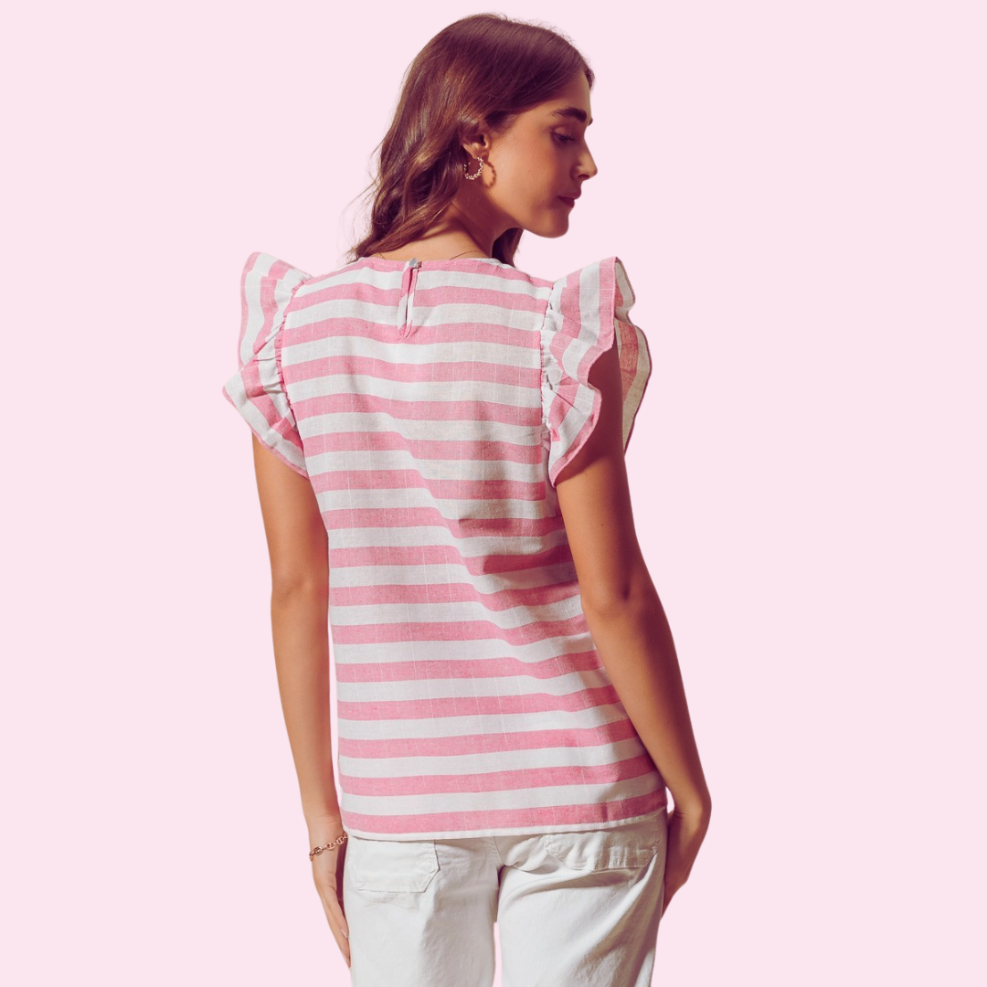 Stylish striped flutter ruffle blouse top, featuring feminine ruffle details, perfect for upgrading any wardrobe with a versatile, on-trend piece. Made from high-quality materials, offering comfort and style for any occasion.