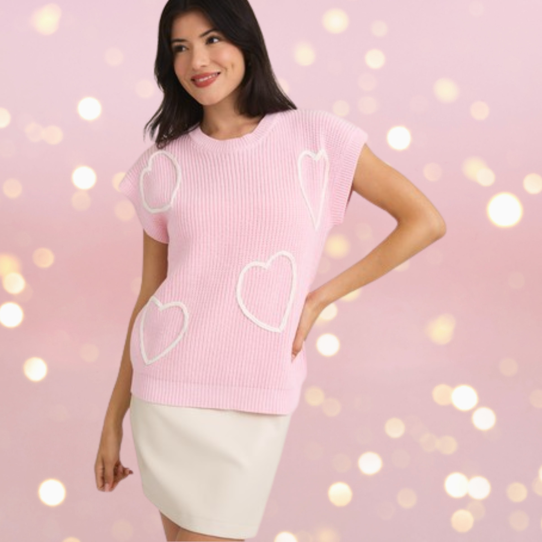 BABY PINK ROUND NECK WIDE SHOULDER SWEATER  WITH 3D HEARTS