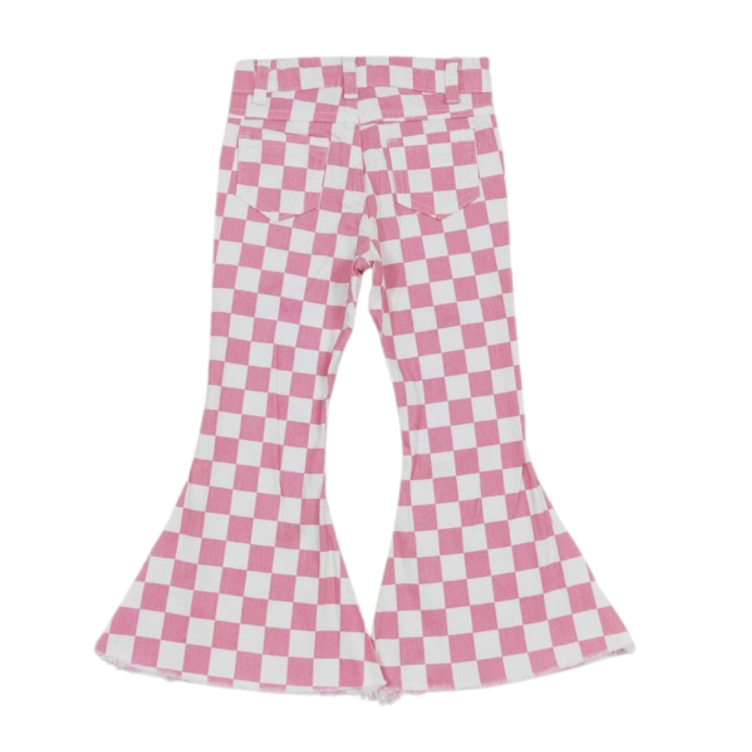 Pink checked flare jeans for baby girls featuring a charming pattern and stylish flared design, perfect for cute and comfortable outfits.