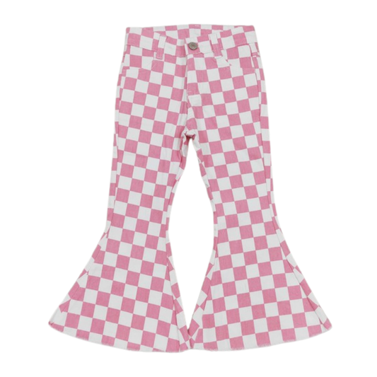 Pink checked flare jeans for baby girls featuring a charming pattern and stylish flared design, perfect for cute and comfortable outfits.