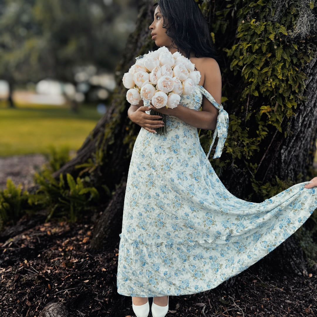 Blue and White Floral Tie Strap Ruched Detail Maxi Dress