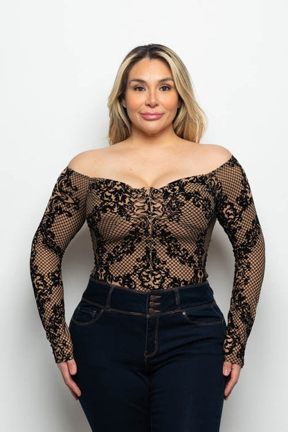 Plus Size Flocked Mesh Off-Shoulder Hook and Eye Front Bodysuit