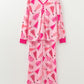 Pink Christmas Tree Print V Neck Buttoned Pullover and Drawstring Pants Lounge Set