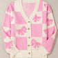 Pink Bowknot Checkered Pattern V Neck Drop Shoulder Button Up Cardigan