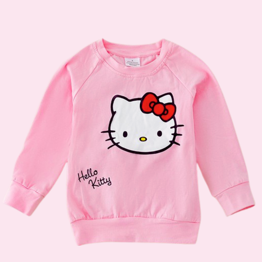 Kids light pink sweatshirt with a cute kitty print, offering cozy and comfortable wear for everyday activities.