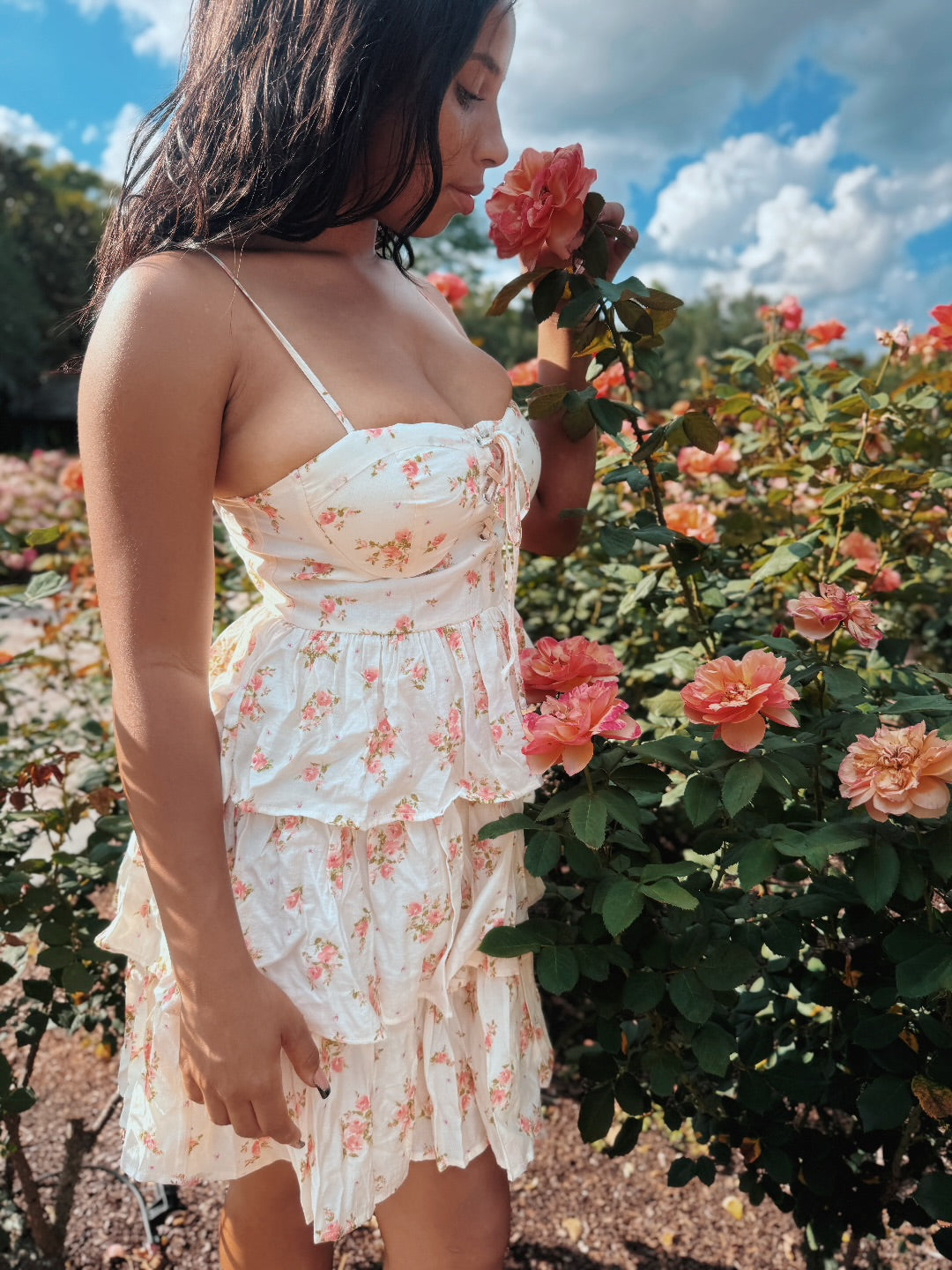 Coral Floral Front Lace-Up Ruffle Tiered Mini Dress