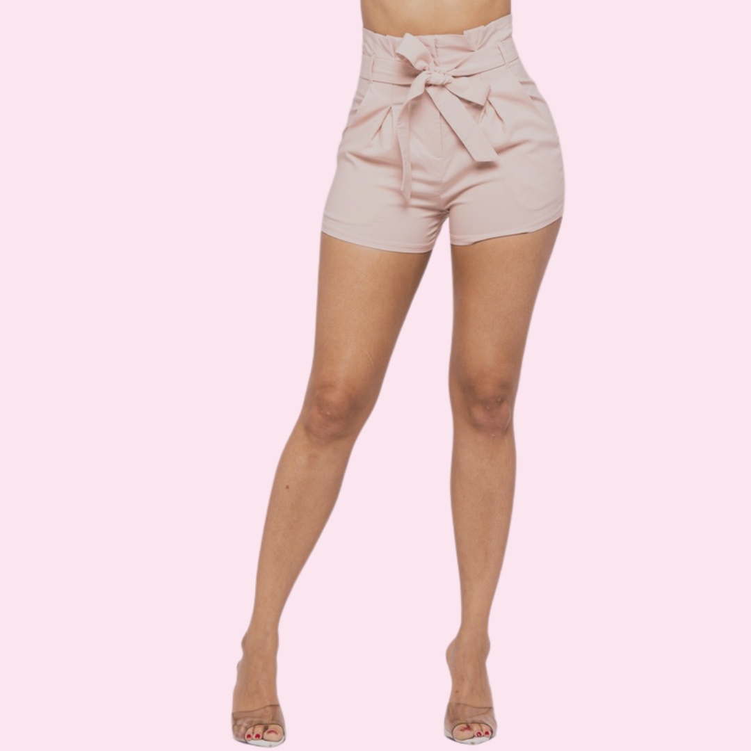 Adult paper bag shorts featuring a trendy paper bag waist, designed for comfort and style during warm weather outings