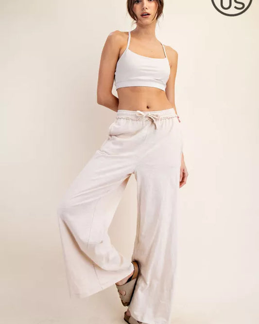 Plus Size Beige Cotton Slub Lounging Wide Pant