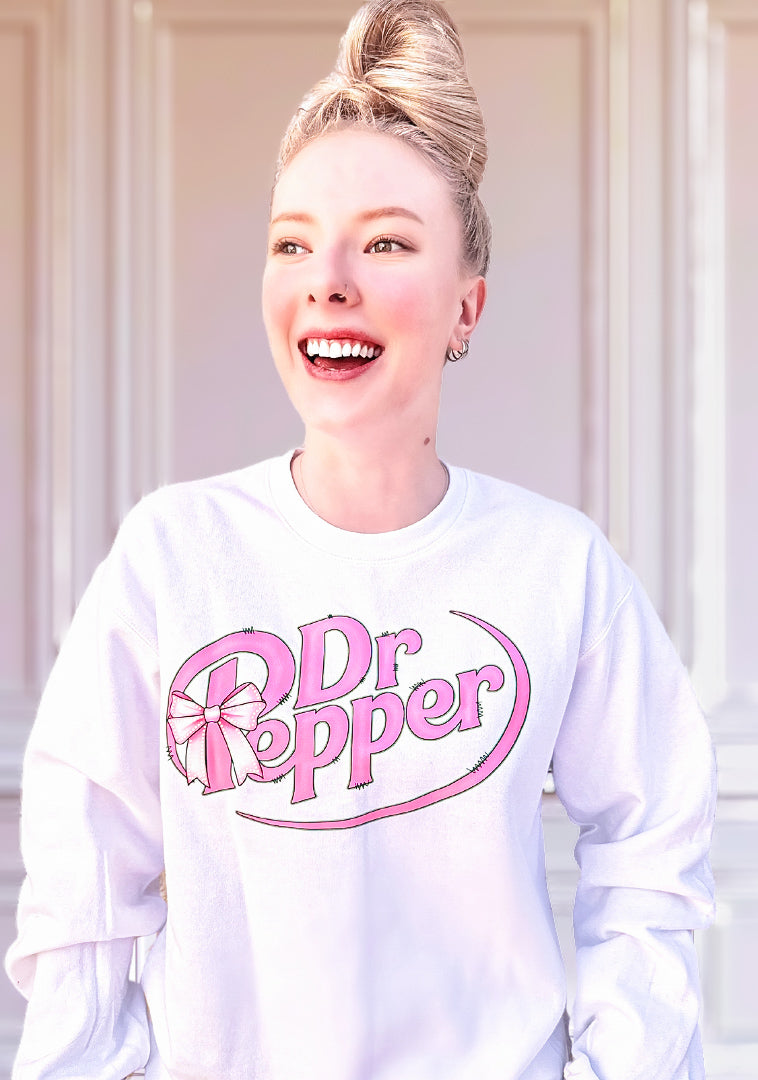 White Dr Pepper Pink Graphic Bow Sweatshirt