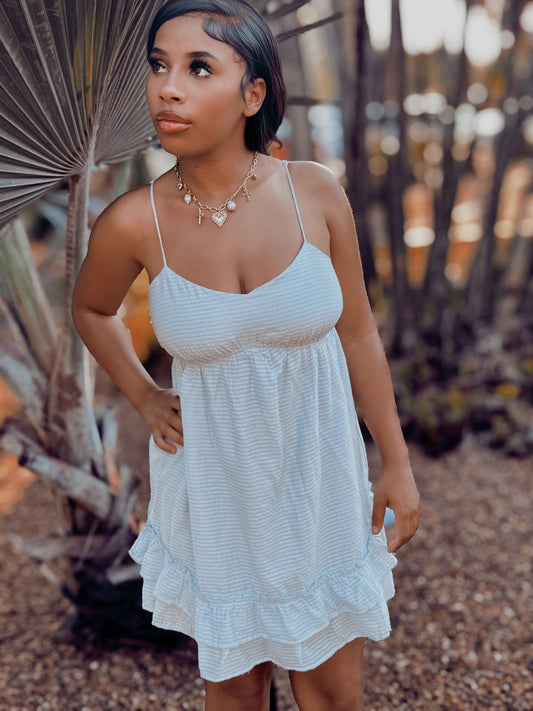 Blue Ruffle Dress-Thin Stripes
