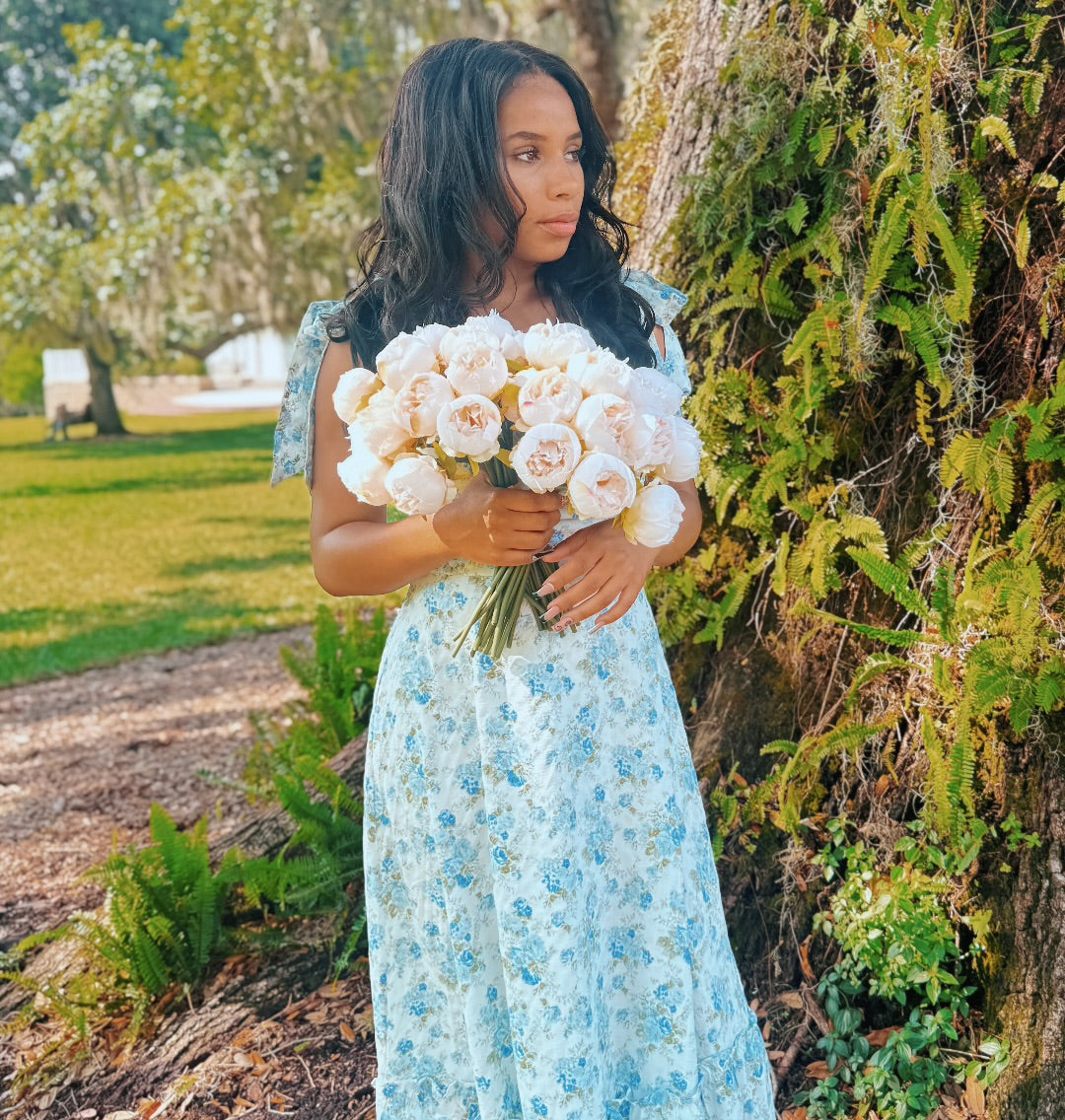 Blue and White Floral Tie Strap Ruched Detail Maxi Dress