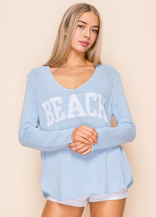 Lightweight Baby Blue Beach Knit V-Neck Sweater Top