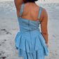 Cotton Eyelet Ruched Bust Mini Dress with Triangular Shoulder Straps and Waist Wire