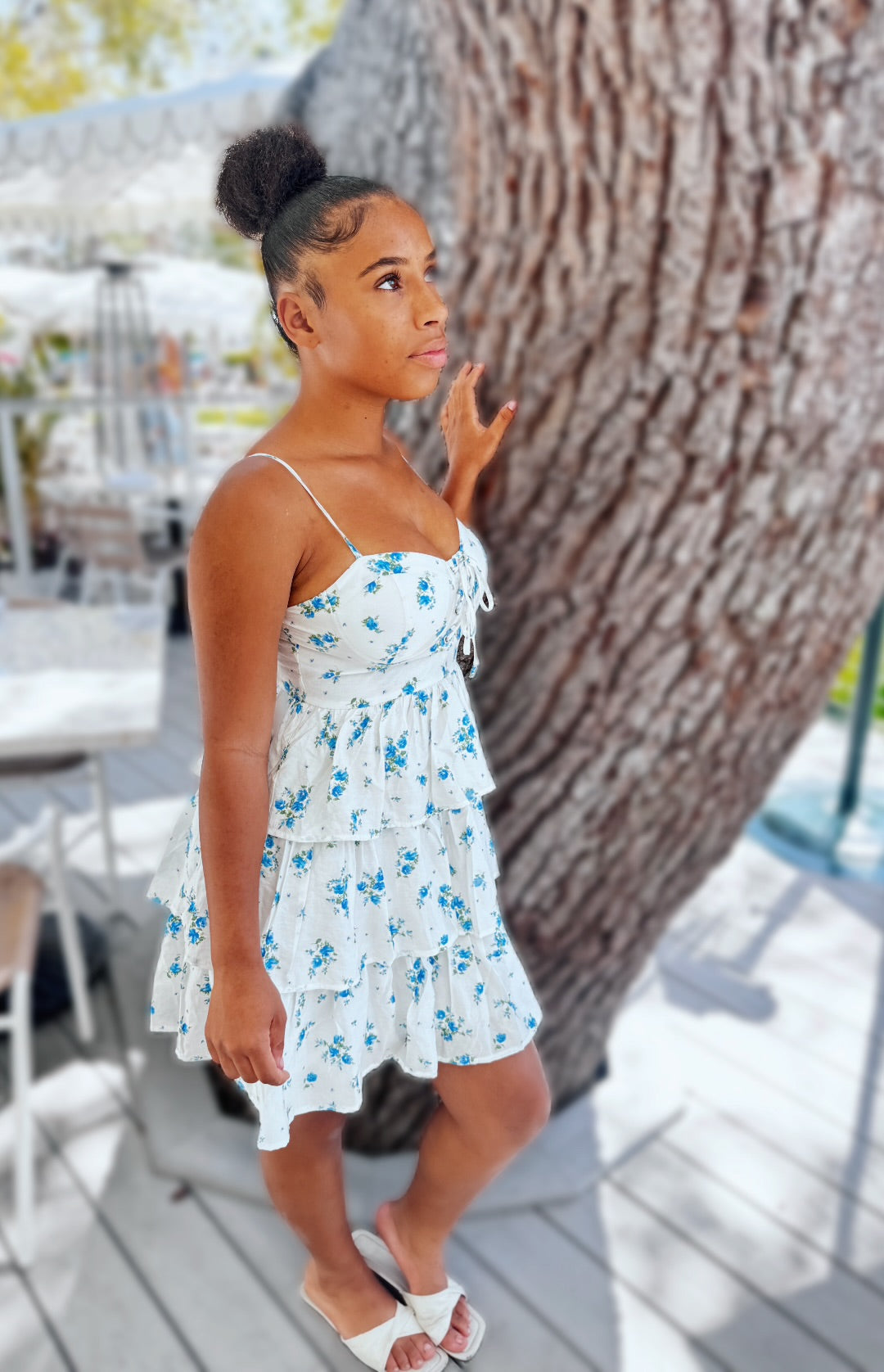 Bluedress Floral Front Lace-Up Ruffle Tiered Mini Dress