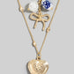 Heart Locket Bow Pearl Charms Layered Chain Necklace