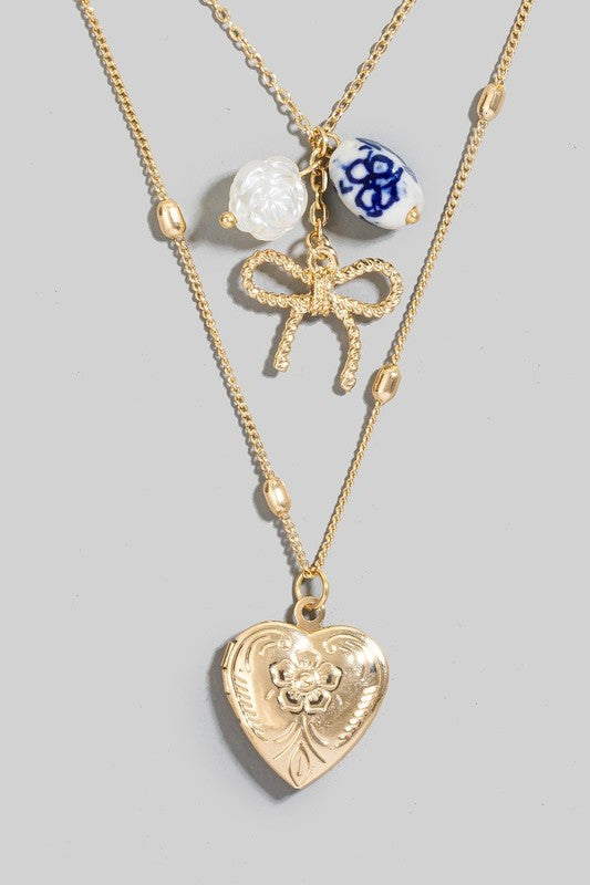 Heart Locket Bow Pearl Charms Layered Chain Necklace