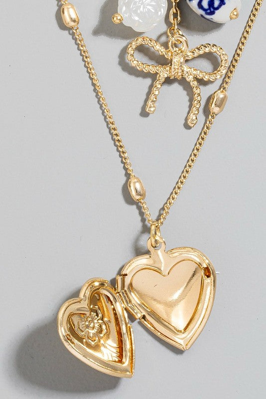 Heart Locket Bow Pearl Charms Layered Chain Necklace