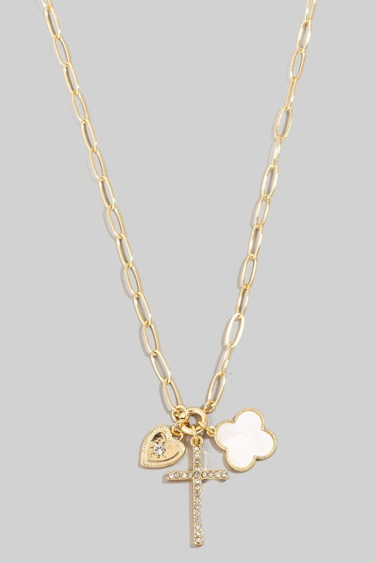 Pave Heart Cross And Shell Clover Necklace