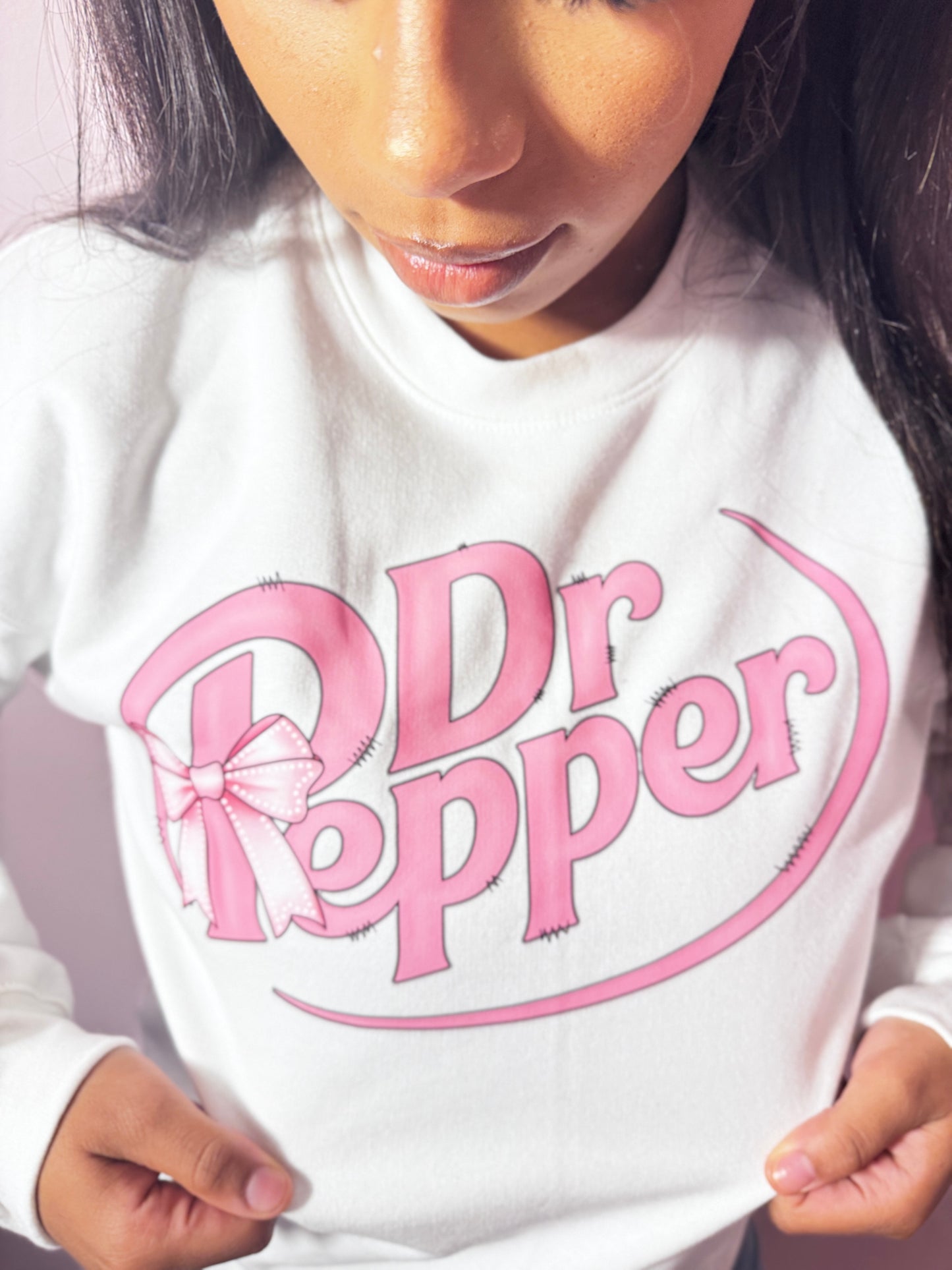 White Dr Pepper Pink Graphic Bow Sweatshirt