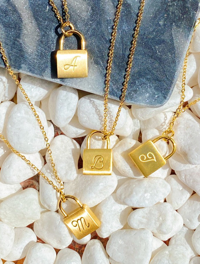 Monogrammed Lock Pendant Necklace – 18K Gold Plated inspired Stainless Steel with Brushed Finish