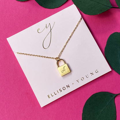 Monogrammed Lock Pendant Necklace – 18K Gold Plated inspired Stainless Steel with Brushed Finish