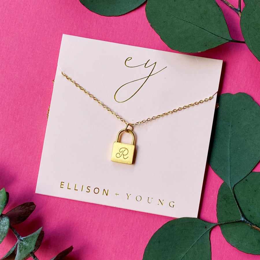 Monogrammed Lock Pendant Necklace – 18K Gold Plated inspired Stainless Steel with Brushed Finish