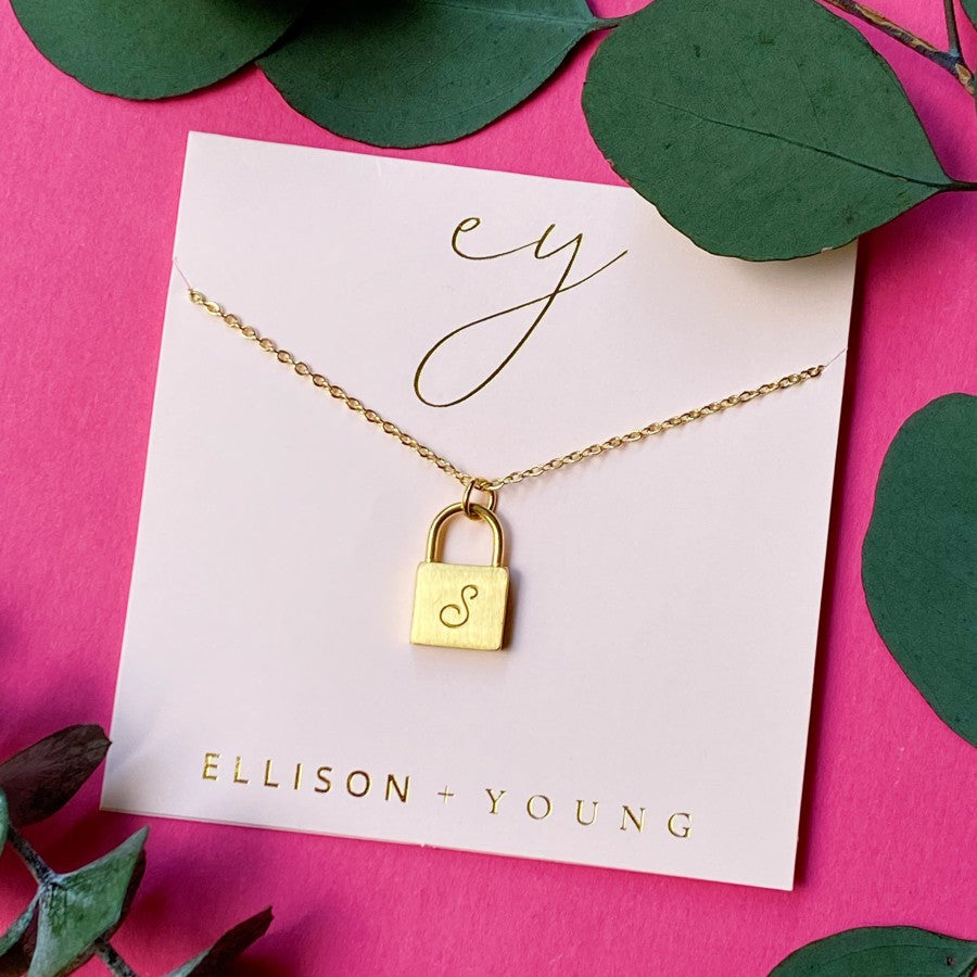 Monogrammed Lock Pendant Necklace – 18K Gold Plated inspired Stainless Steel with Brushed Finish