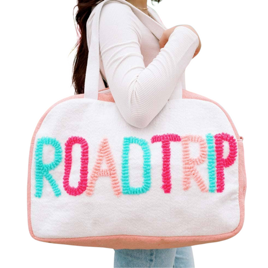 Coral "Roadtrip" Saying Weekender Bag: Coral