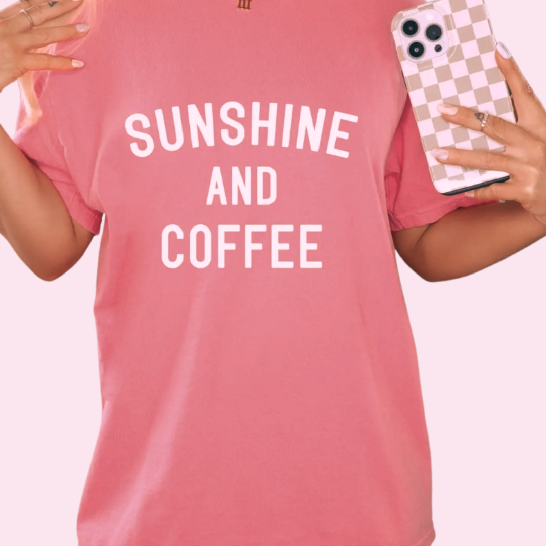 Sunshine & Coffee faded graphic tee with soft fabric, featuring a trendy faded design of sunshine and coffee, perfect for casual wear and stylish, laid-back looks