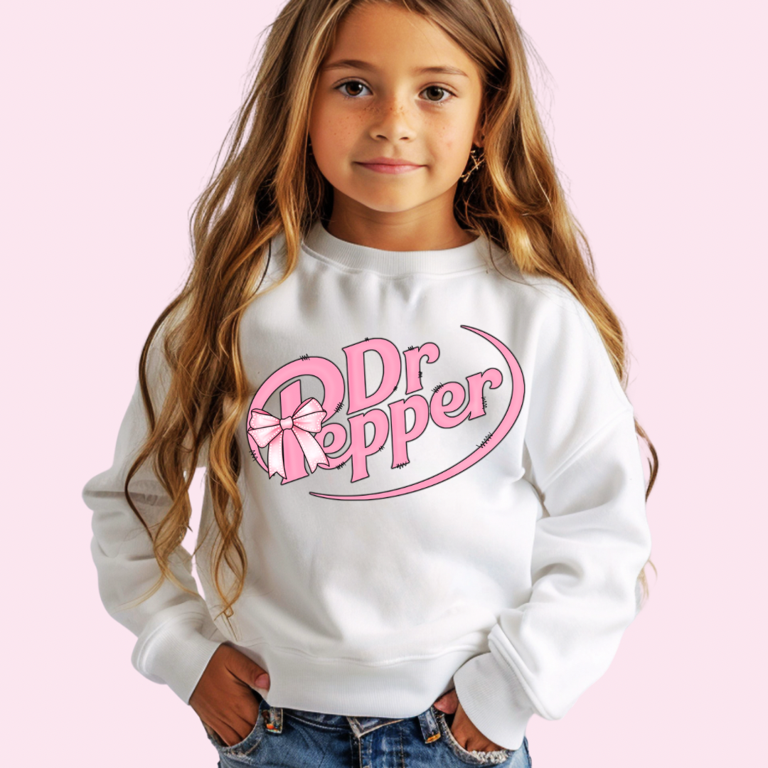 White Dr Pepper Pink Graphic Bow Sweatshirt