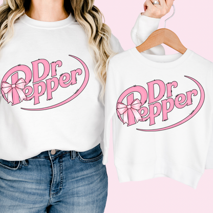 White Dr Pepper Pink Graphic Bow Sweatshirt