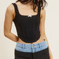 Black Corset Tank – Square Neckline, Front Ribbon Accent, and Slim-Fitting Silhouette