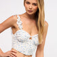 Print Sweetheart Neck Crop Top with Adjustable Ruffle Tie Strap – Sleeveless, Open Back, and Back Zipper