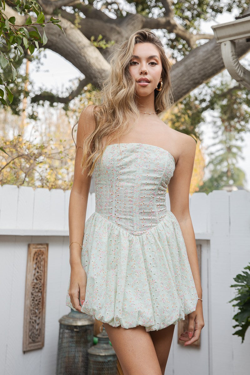 Floral Print Eyelet Mini Dress – Corset-Style with Boning, Bubble Skirt, and Strapless Design