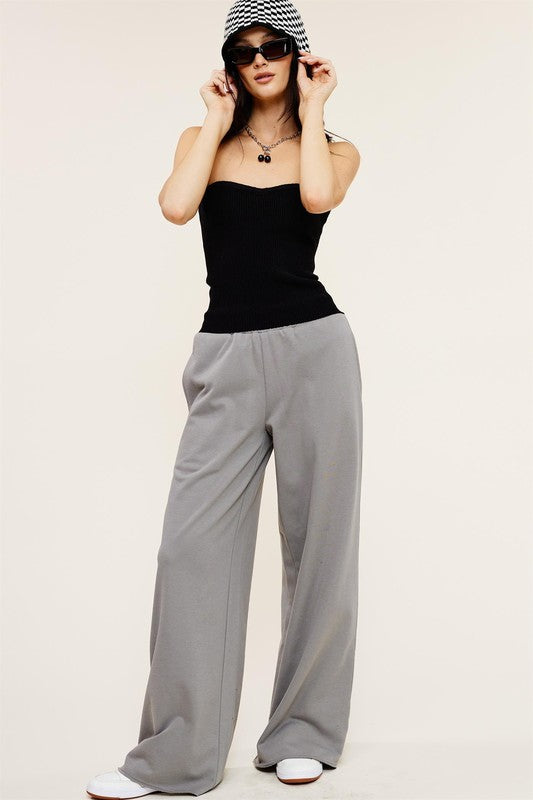 High-Waisted Charcoal Grey Wide-Leg Sweatpants – Elastic Waistband, Raw Edge Hem for Casual Comfort