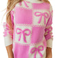 Pink Bow Knot Two Tone Checkered Crew Neck Sweater