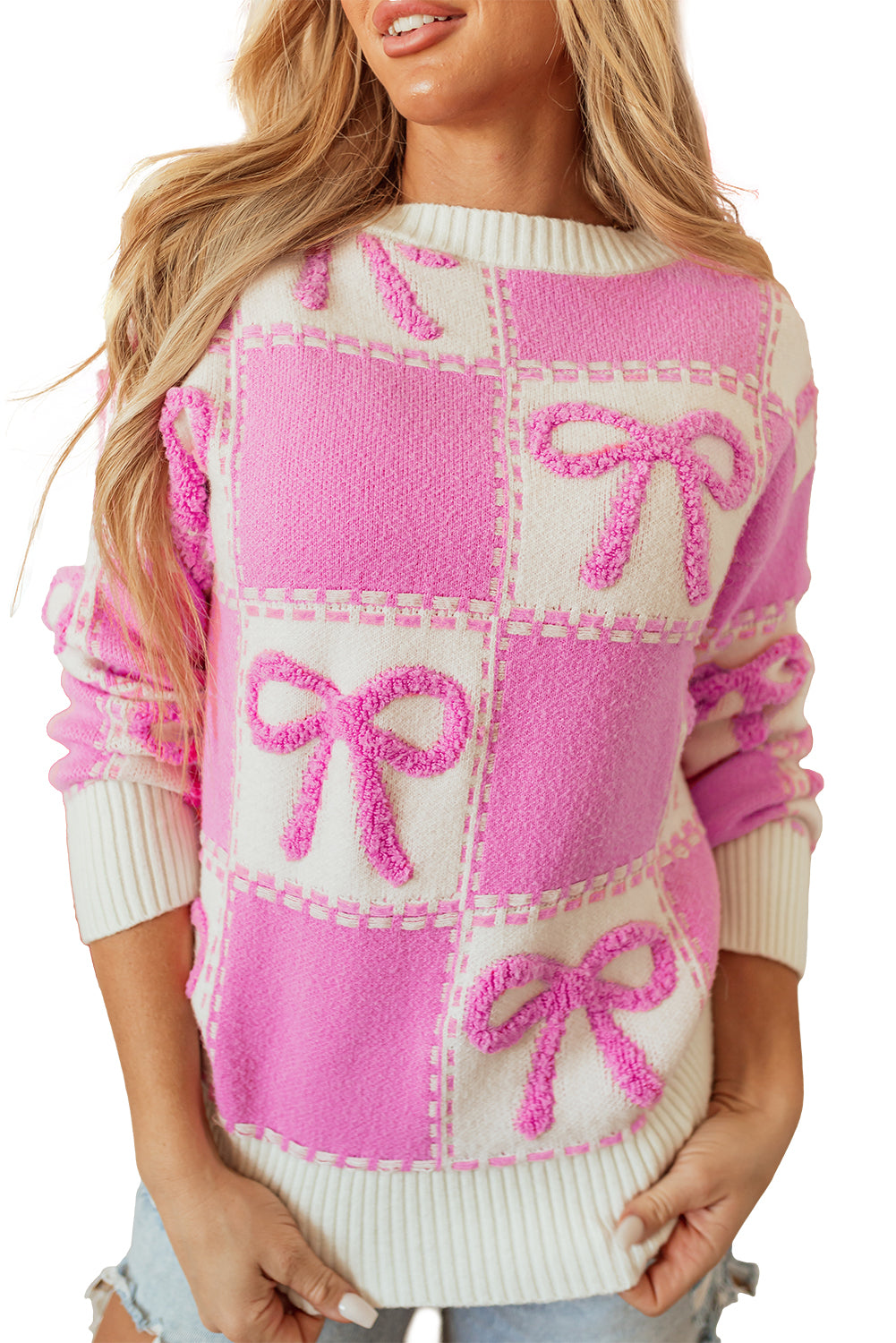 Pink Bow Knot Two Tone Checkered Crew Neck Sweater