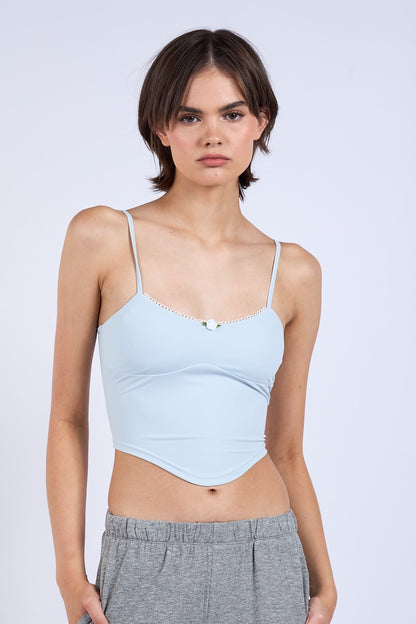 Solid Color Slim Fit Cami Crop Top with Front Line Trim and Flower Point Detail