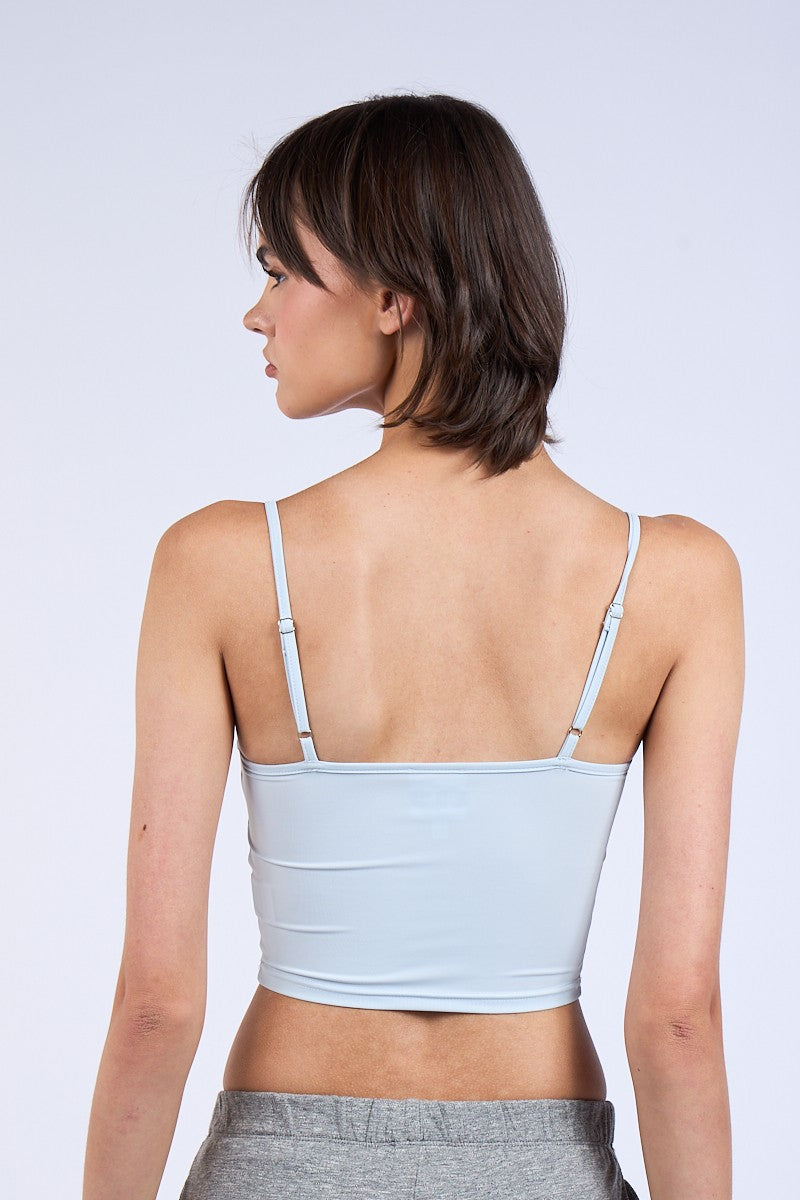 Solid Color Slim Fit Cami Crop Top with Front Line Trim and Flower Point Detail