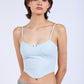 Solid Color Slim Fit Cami Crop Top with Front Line Trim and Flower Point Detail